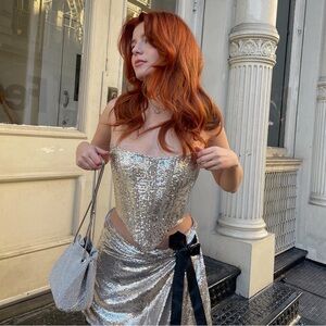 NWT Meshki Silver Sequin Strapless Top